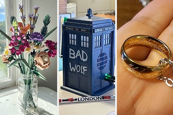 lego flower bouquet, a tardis bluetooth speaker, a lord of the rings necklace