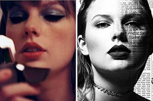 On the left, Taylor Swift on the Midnights album cover, and on the right, Taylor Swift on the Reputation album cover