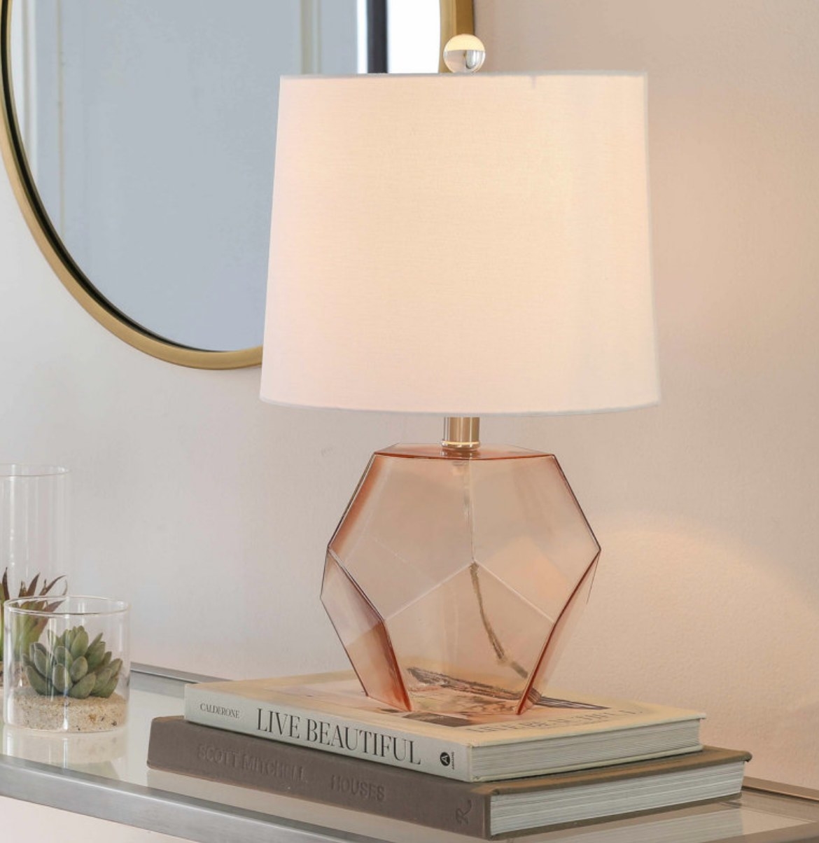 A pink glass table lamp