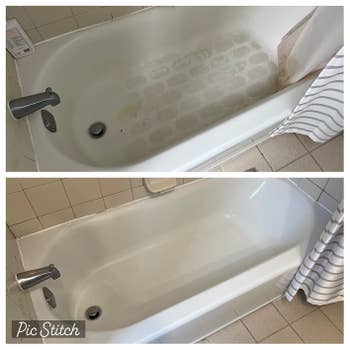 a reviewer's bathtub before, looking grimy, and after, looking shiny and clean
