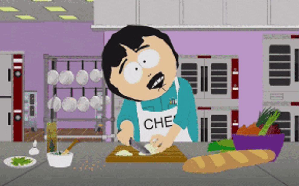 a gif of a south park character chopping food while looking into the camera