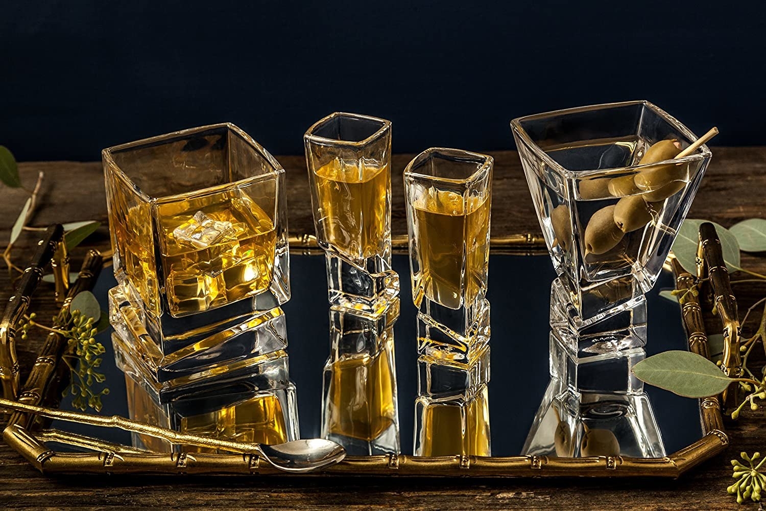 whiskey glasses with shooters on a tray
