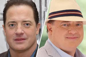 Brendan Fraser wears a blue shirt under a brown blazer. He also appears in a pinstripe suit with a blue shirt and a beige fedora with blue and red stripes.