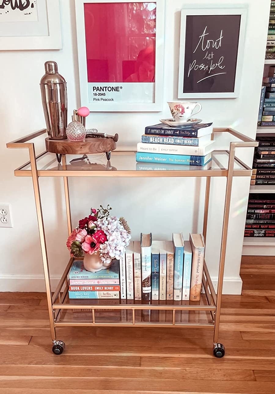 Reviewer photo of the cart with books on it