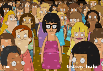 Tina Belcher wearing a pink sleeveless dress saying &quot;Hi&quot; to a crowded room