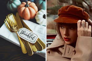 On the left, a table with tiny decorative pumpkins on it and a napkin topped with silverware wrapped in a thankful tag, and on the right, Taylor Swift wearing a chic hat and coat on the Red Taylor's Version cover