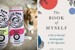 white paw dog toy and autobiography book 