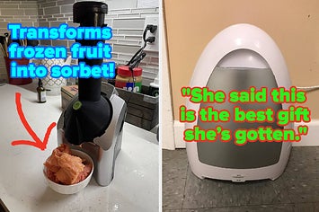 L: a reviewer photo of a bowl of sorbet next to a machine and text reading "Transforms frozen fruit into sorbet!", R: a reviewer photo of a stationary vacuum and a quote reading "She said this is the best gift she's gotten."