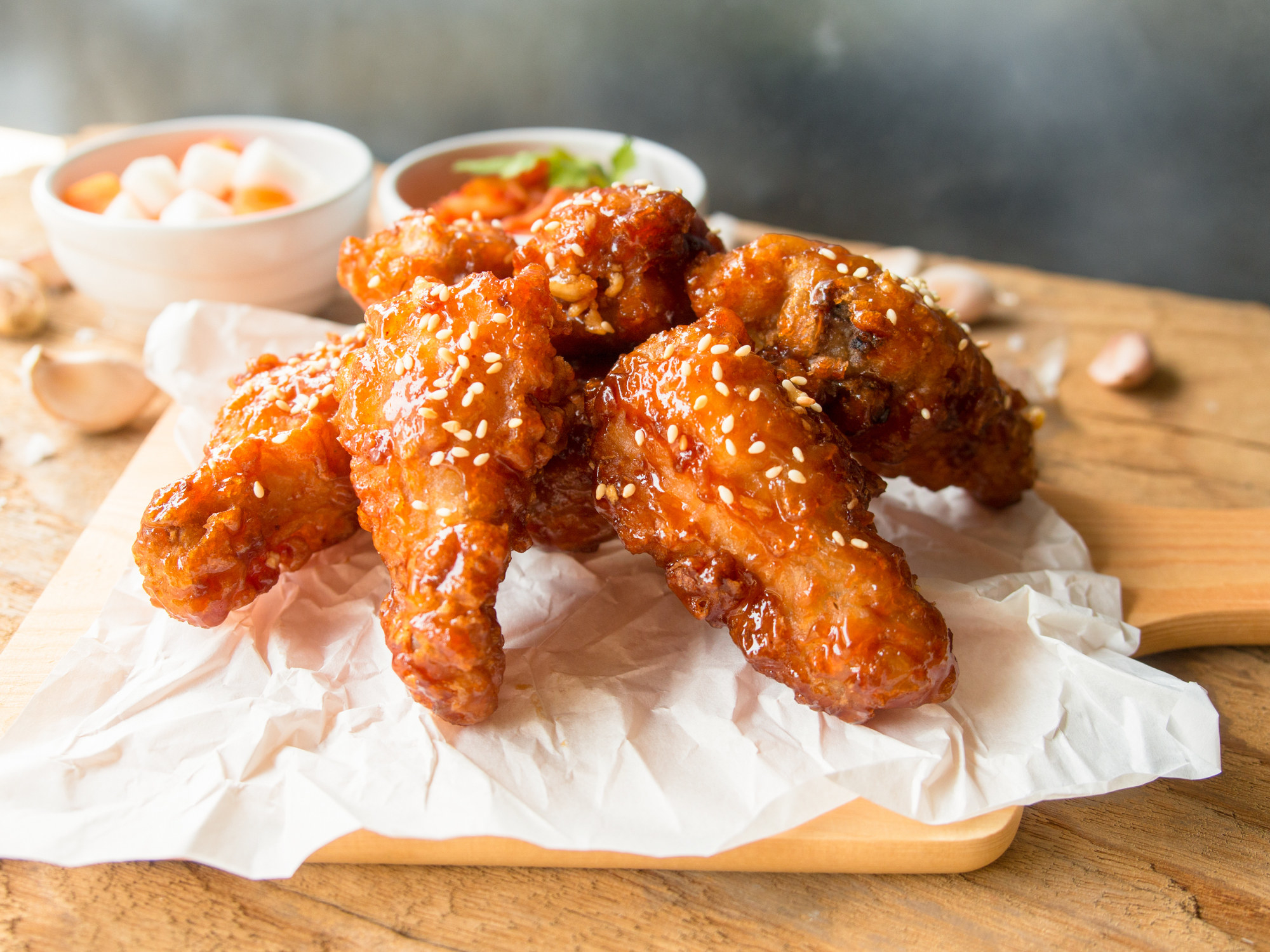 Sesame covered fried chicken wings