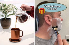 left image: heated ember mug, right image: person shaving with heated razor