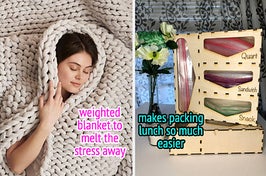 weighted blanket on the left and baggie organizer on the right