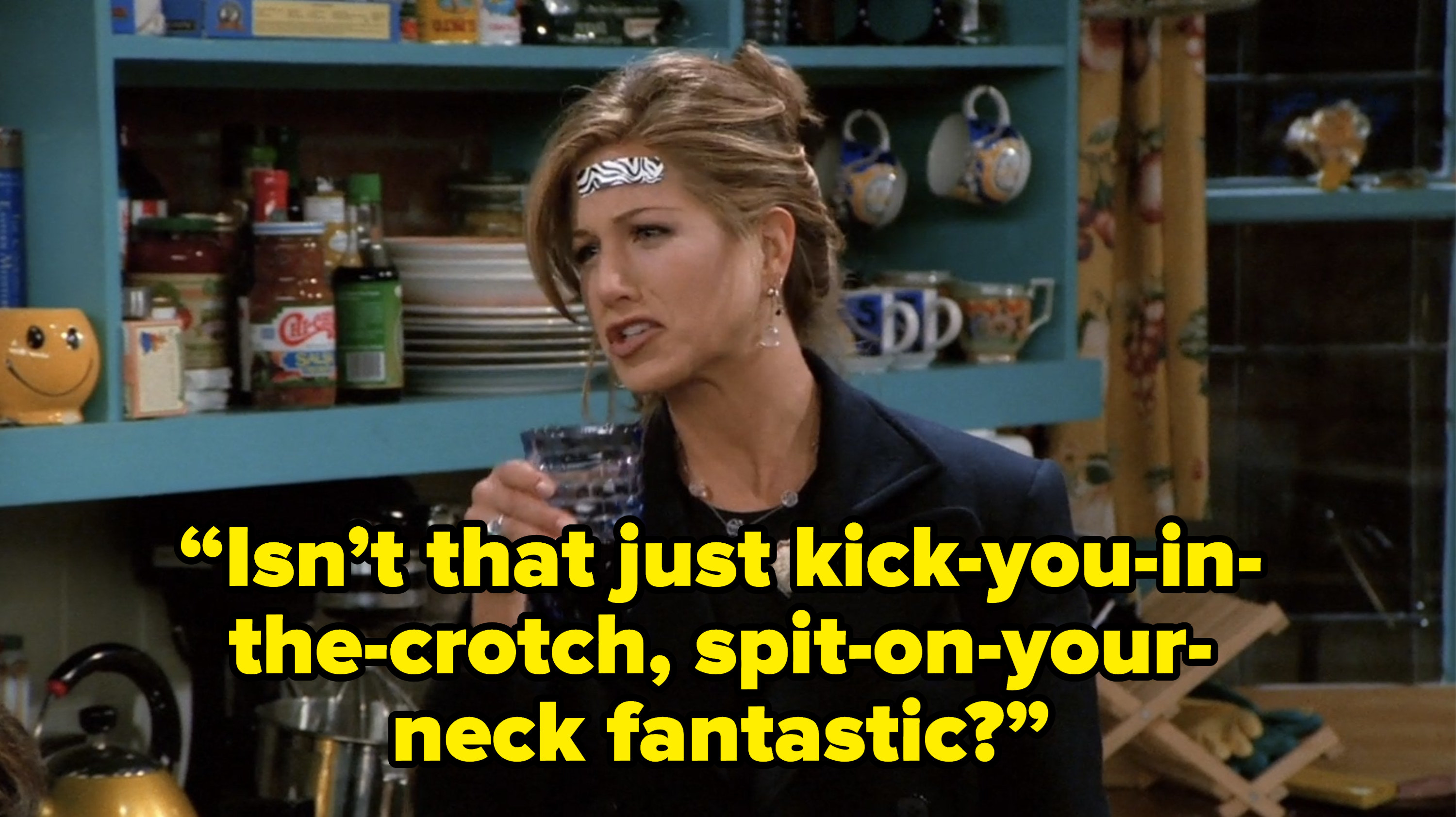 rachel saying “Isn’t that just kick-you-in-the-crotch, spit-on-your-neck fantastic?” on friends