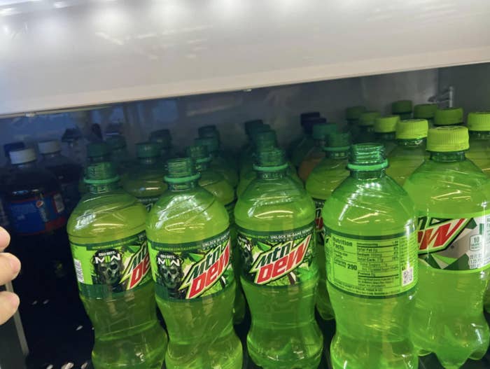 Mountain Dew bottles with the caps missing