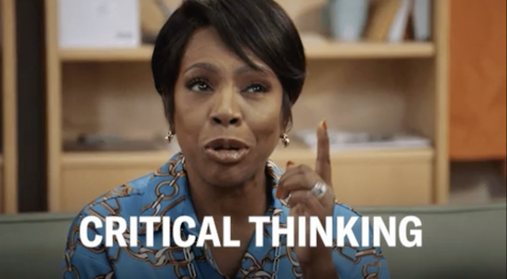 a woman saying, &quot;critical thinking&quot;