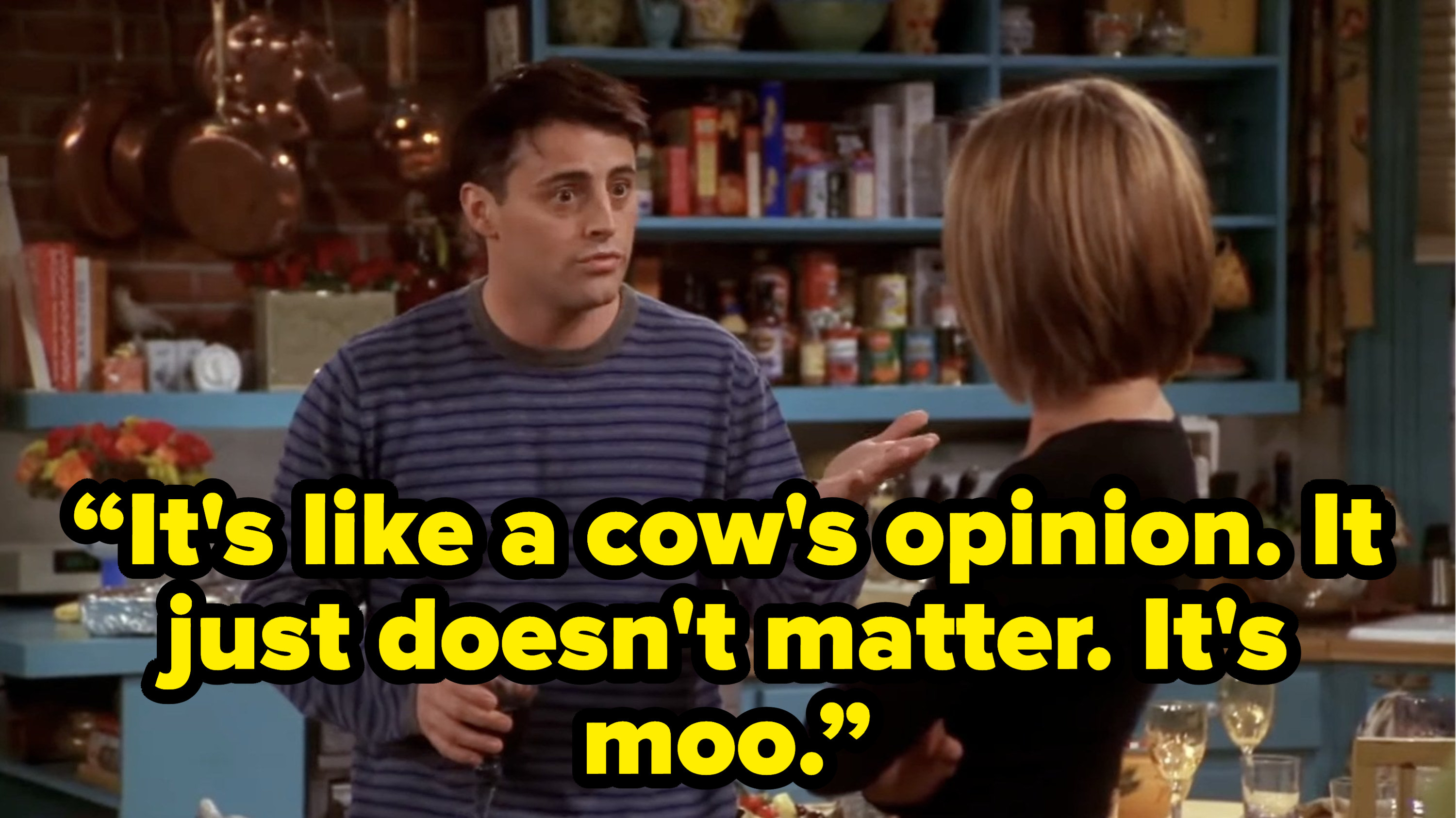 joey saying “It&#x27;s like a cow&#x27;s opinion. It just doesn&#x27;t matter. It&#x27;s moo.” on friends