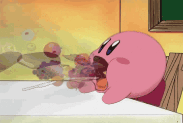 Kirby inhales food at the table