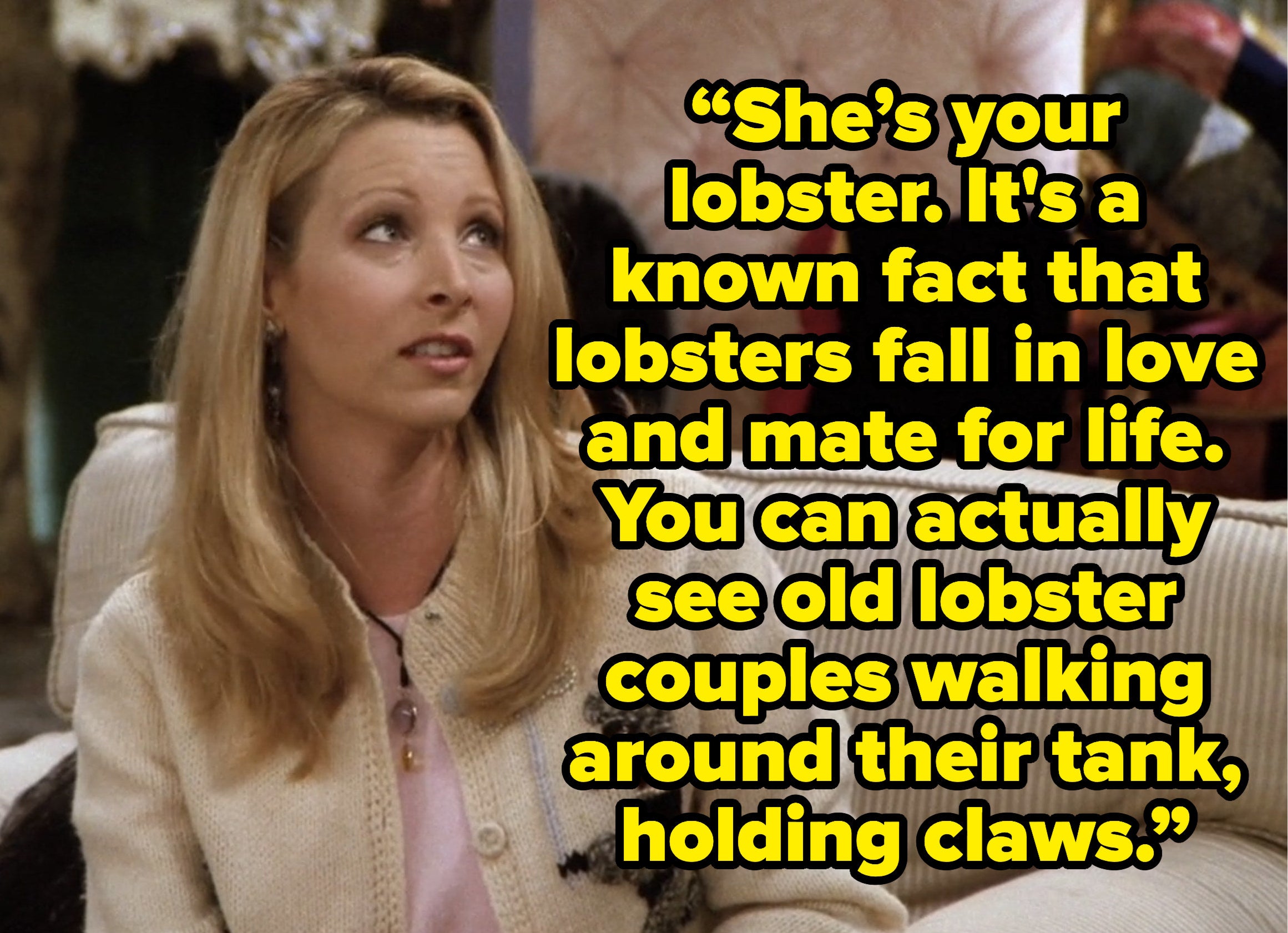 phoebe saying she&#x27;s your lobster It&#x27;s a known fact that lobsters fall in love and mate for life. You can actually see old lobster couples walking around their tank, holding claws. on friends
