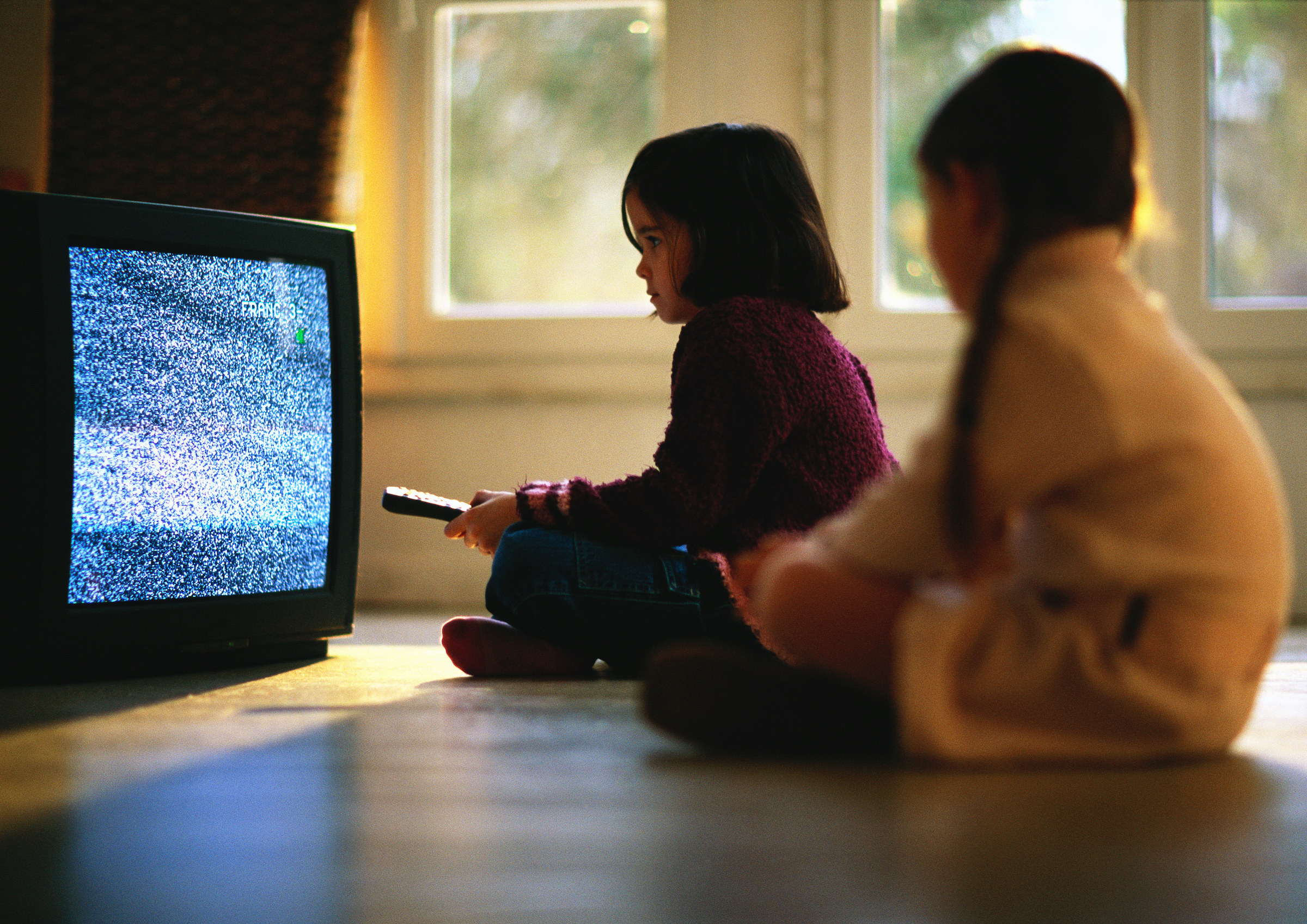 Two children sitting on the floor and looking at static on a TV