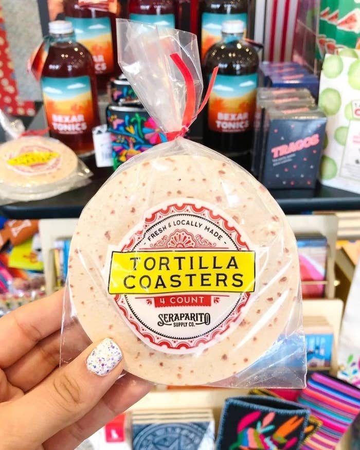 packet of tortilla coasters packaged in plastic like a pack of real tortillas