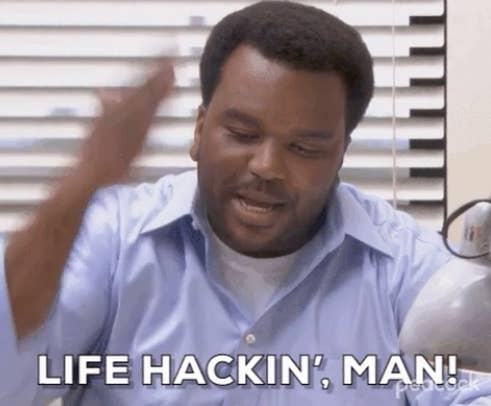 someone at a desk saying, life hackin, man