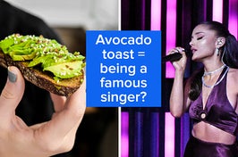 A hand holds a slice of avocado toast and Ariana Grande sings into a microphone