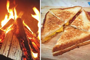 A roaring campfire and a grilled cheese sandwich cut in half