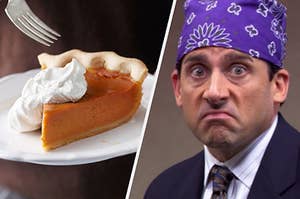 Pumpkin pie with whipped cream on it and Michael Scott wears a bandana