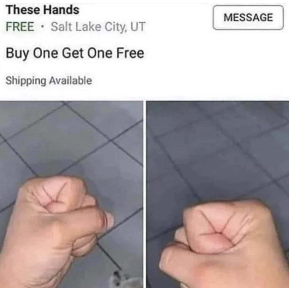 hands on sale (buy one get one free) with fists pictured