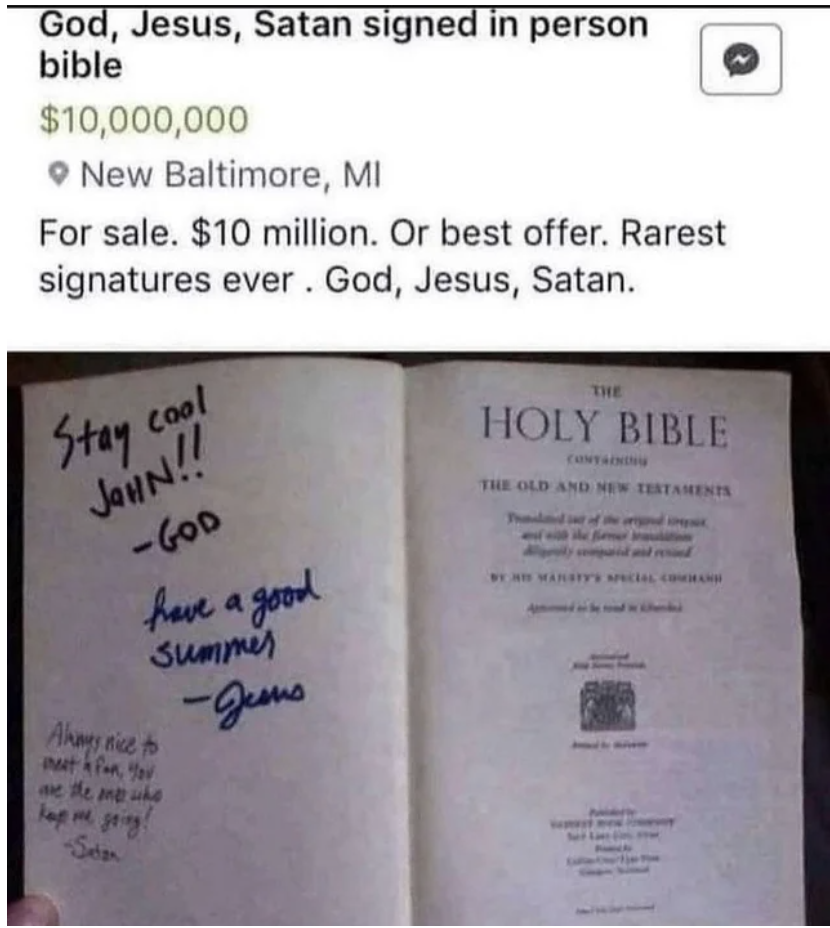 a bible signed by God, Satan, and Jesus