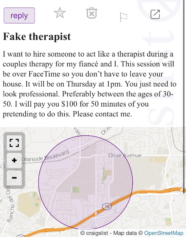 fake therapist request for couples therapy