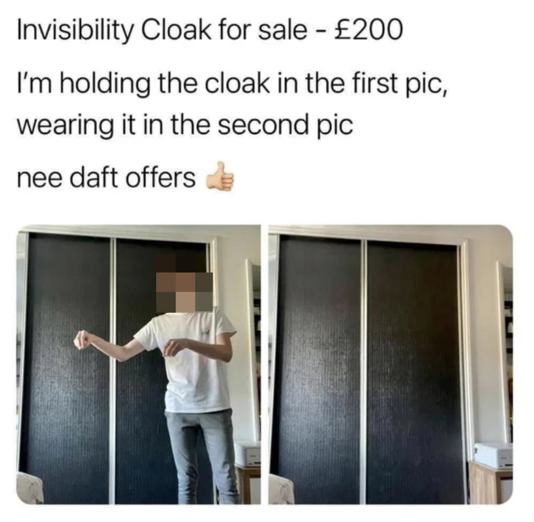 a person holding their arms out and advertising an invisibility cloak
