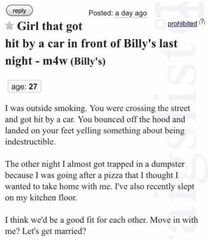 a M4W ad asking about a woman who got hit by a car