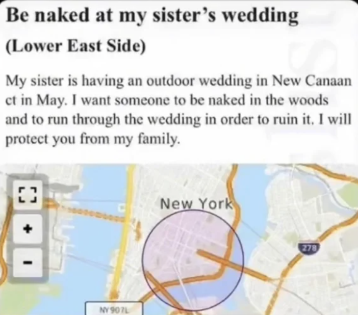 Ad requesting that someone is naked at their sister&#x27;s wedding
