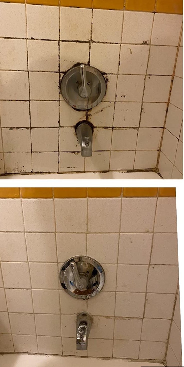 a reviewer before and after photo of their moldy grout on top and the cleaned shower on the bottom