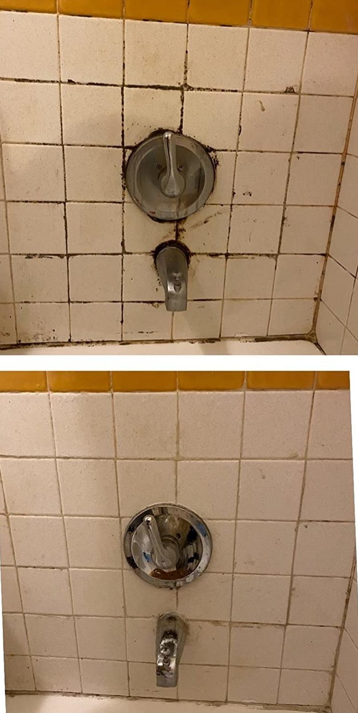 a reviewer before and after photo of their moldy grout on top and the cleaned shower on the bottom