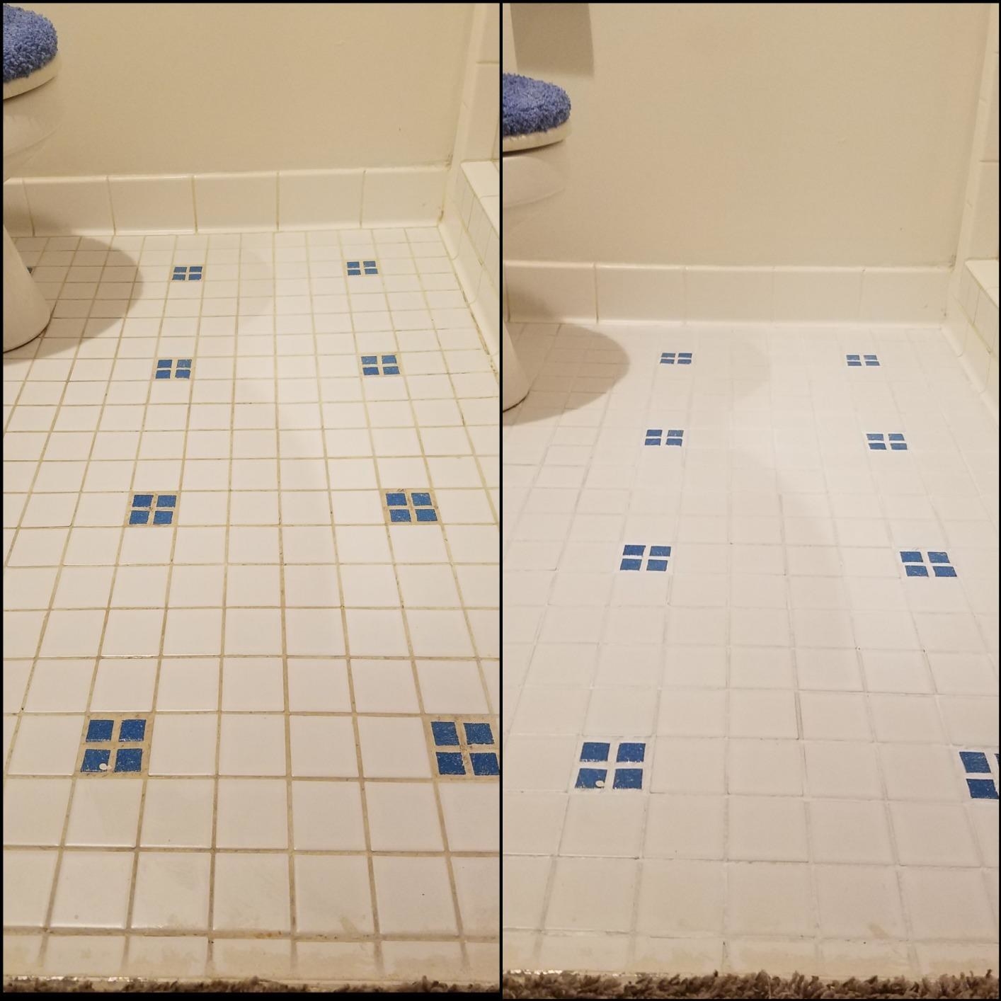 a reviewer before and after photo of their white and blue tile, in the first one the grout is dingy and in the second it&#x27;s perfectly white