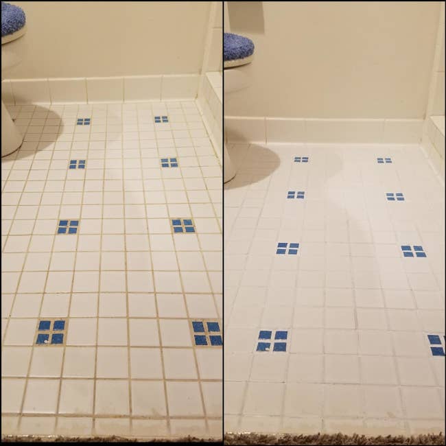 a reviewer before and after photo of their white and blue tile, in the first one the grout is dingy and in the second it's perfectly white