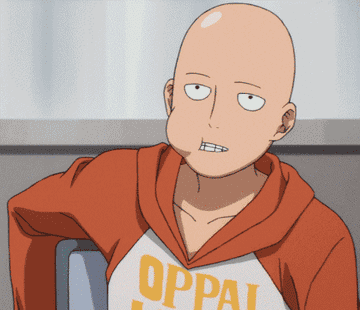 Gif of Saitama from One Punch Man blowing a bubble with his gum and looking unimpressed