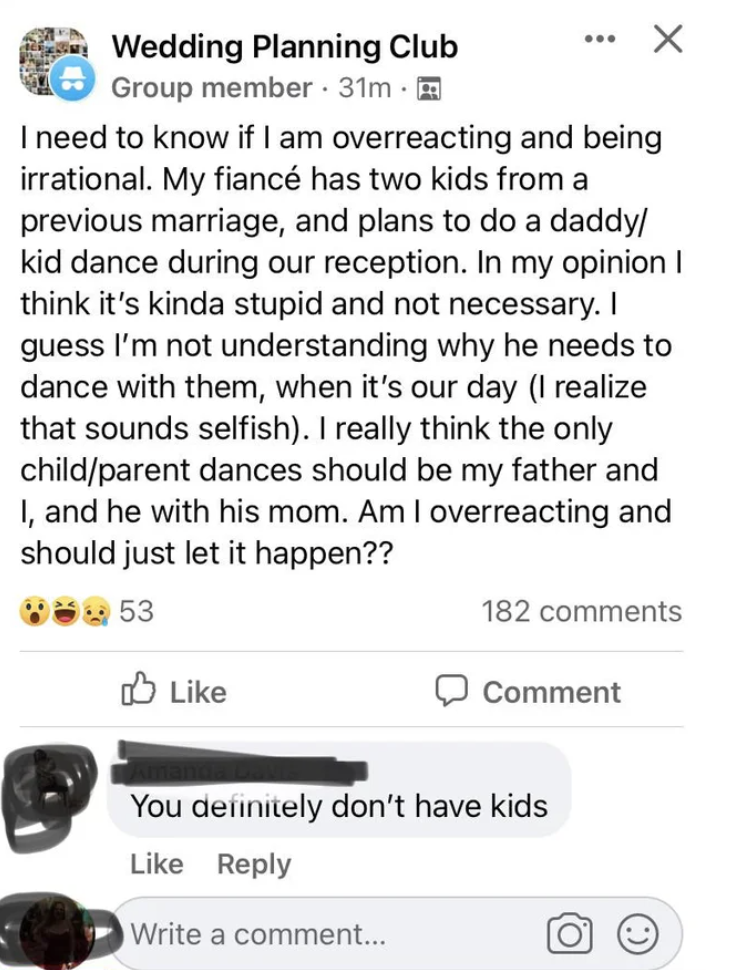 &quot;I really think the only child/parent dances should be my father and I, and he with his mom.&quot;