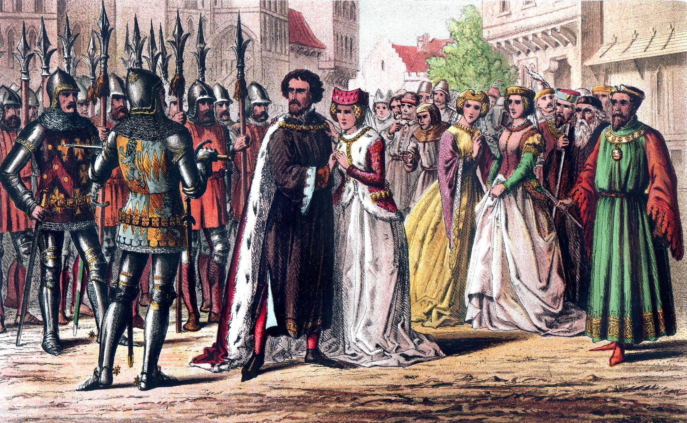 国王和王后的古画军队和法院