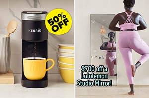 黑色迷你keurig将咖啡倒入黄色杯子中，带有50％的折扣 /模型，使用Lululemon Studio镜子，带有文字：Lululemon Studio镜子的售价700美元！