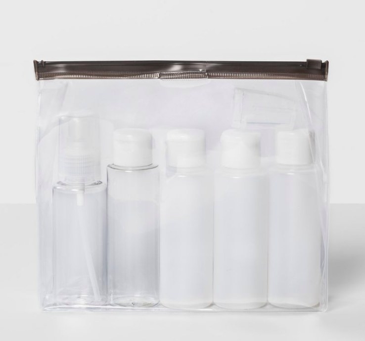Six bottles in a clear pouch