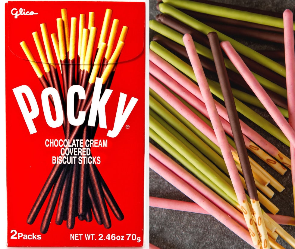 The packaging for chocolate cream Pocky on the left and assorted flavors on the right