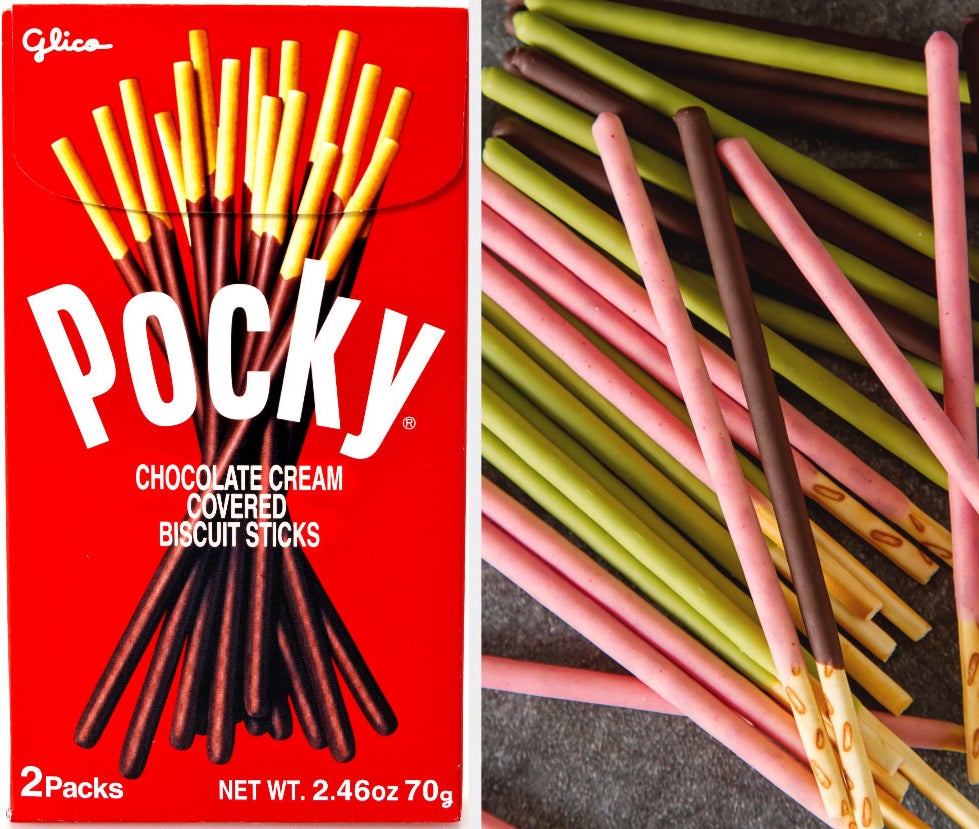 The packaging for chocolate cream Pocky on the left and assorted flavors on the right