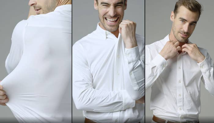 A man in a white dress shirt, stretching it