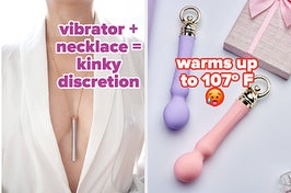 Model wearing silver vibrator necklace and pink and purple wand vibrators