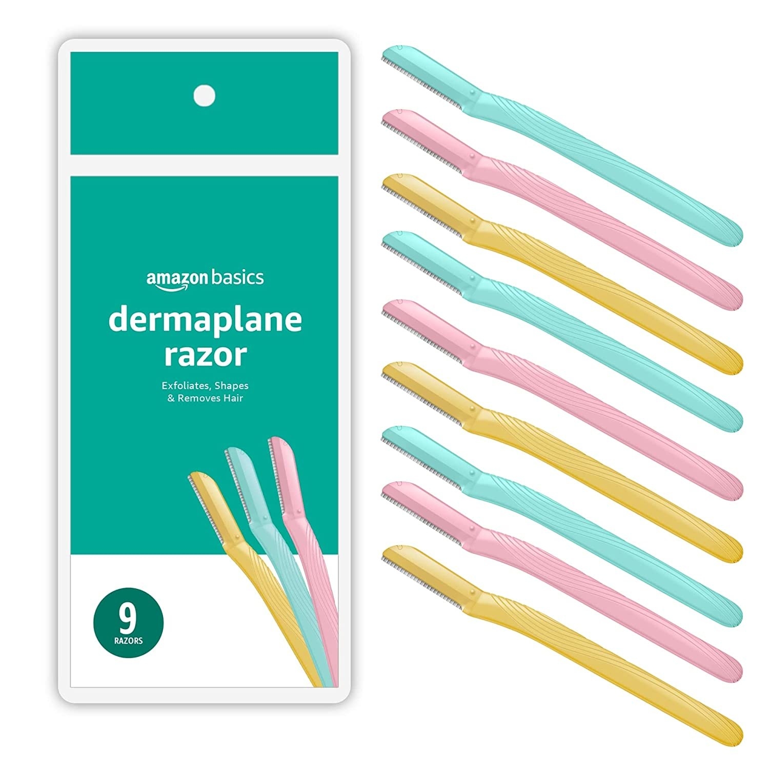 nine dermaplaning razors in pink, blue, and yellow