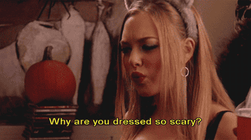 mean girls karen saying why are you dressed so scary and kady replying its halloween