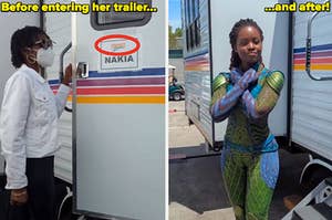 Lupita Nyong'o before and after entering her trailer on set