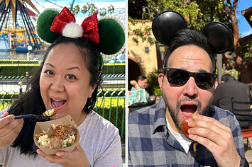 Crystal and Brian eating food at Disneyland while wearing mickey ears